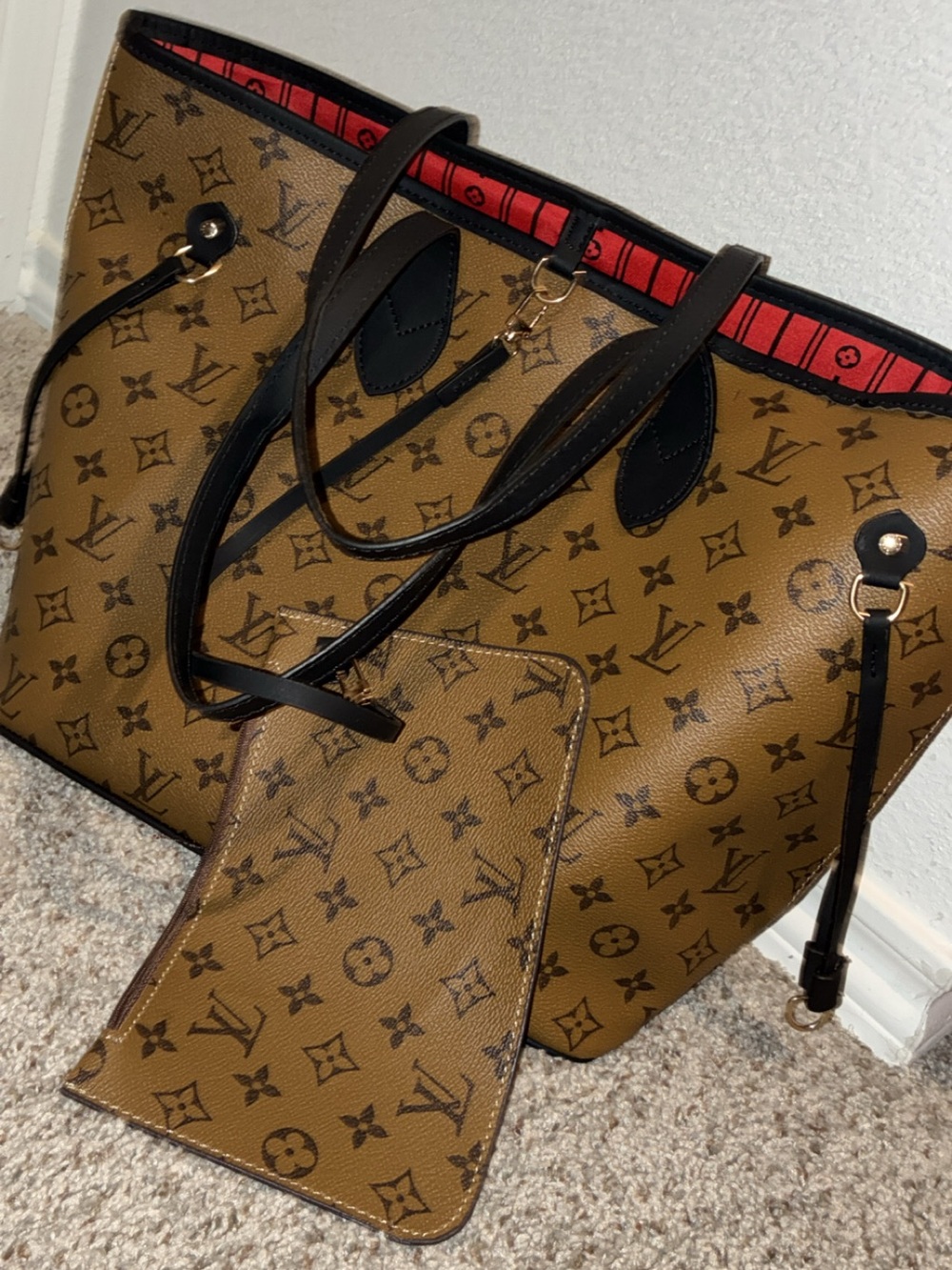 Brown Monogram Canvas Tote with Red Interior